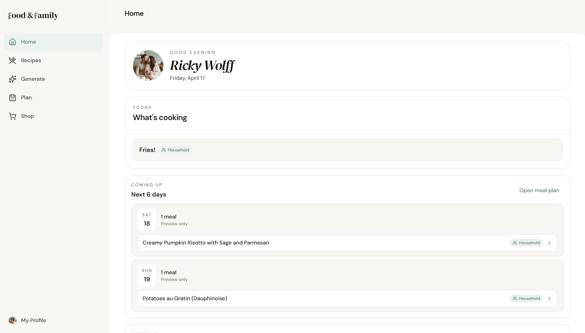Food & Family app — Home screen showing today's meals and upcoming week